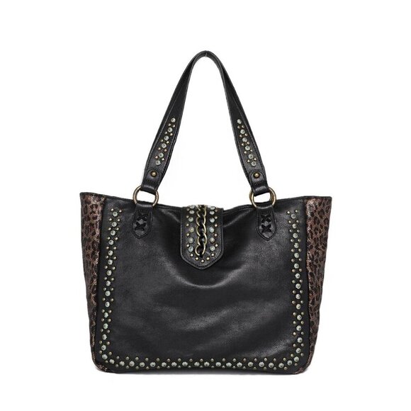 MW1058G-8317 BK Montana West Leopard Print Collection Concealed Carry Tote BLACK - Picture 1 of 3